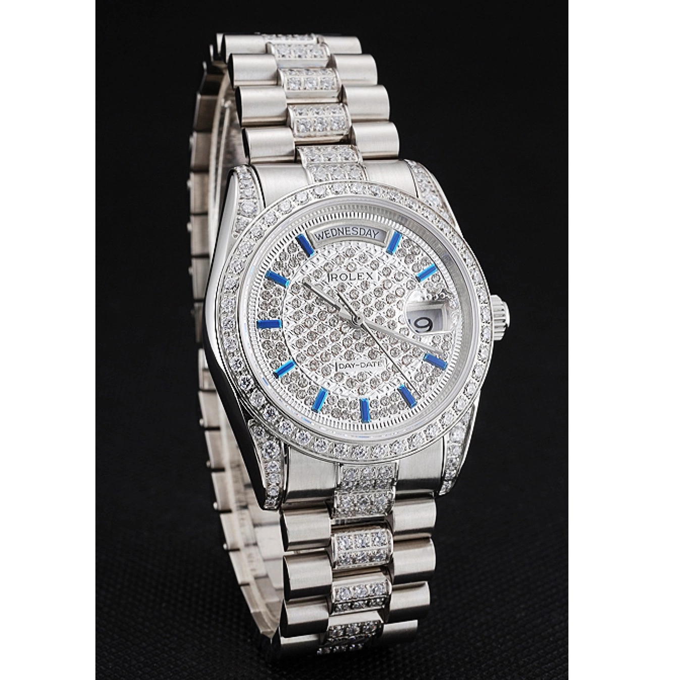 Aaa replica watch Bracelet Date Steel Bezel Rolex And Diamond Pave And Swiss Day Stainless Dial 0518